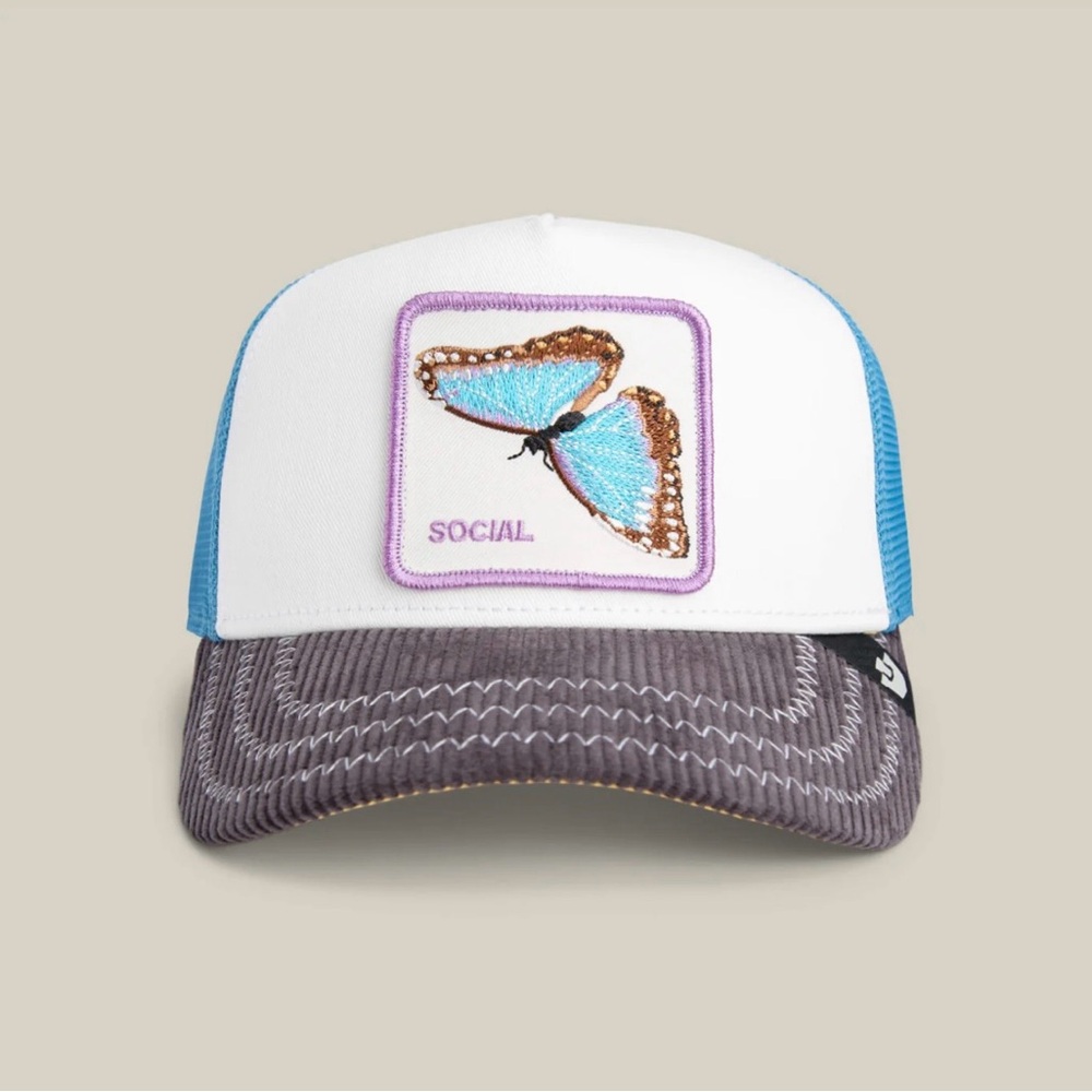 Goorin Bros. Social Butterfly Embroidered Trucker Hat - White, Blue, Gray - Picture 1 of 8